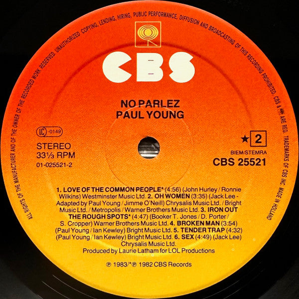 Paul Young – No Parlez - Vinyl LP, Album, Stereo, Sunburst Labels, Europe 1983 (USED VG+)