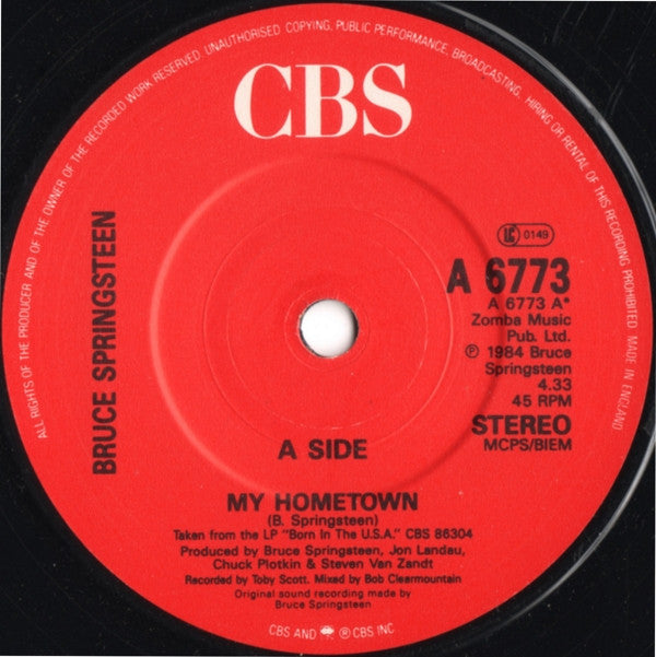 Bruce Springsteen – My Hometown / Santa Claus Is Comin' To Town - Vinyl 7", 45 RPM, Single, Stereo, UK 1985 (USED VG+)
