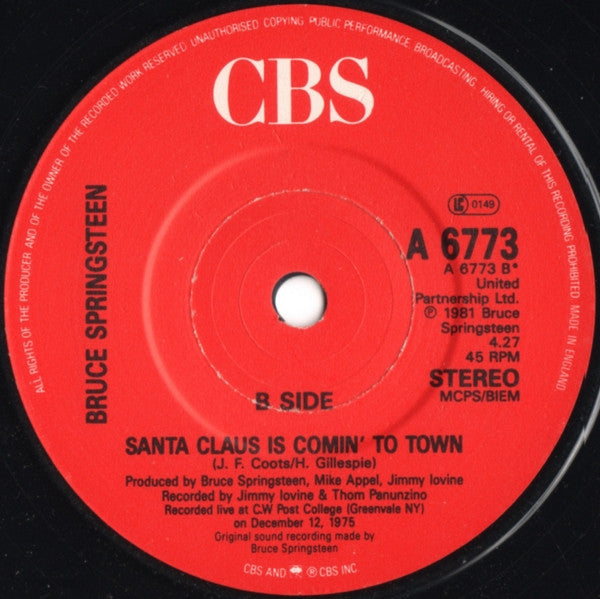Bruce Springsteen – My Hometown / Santa Claus Is Comin' To Town - Vinyl 7", 45 RPM, Single, Stereo, UK 1985 (USED VG+)