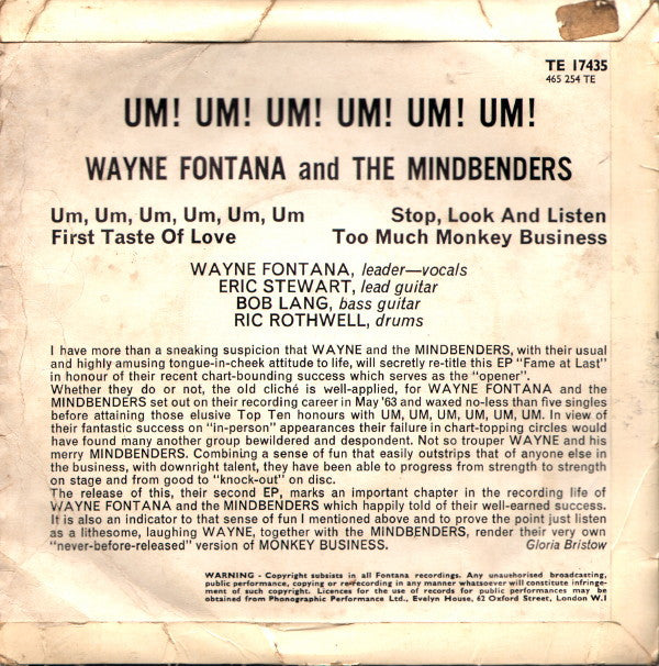 Wayne Fontana And The Mindbenders – Um! Um! Um! Um! Um! Um! - Vinyl 7", 45 RPM, EP, UK 1964 (USED VG+)