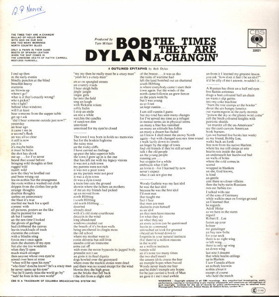 Bob Dylan - The Times They Are A-Changin' - Vinyl LP, Album, Stereo, Reissue, UK 1982 (USED VG+)