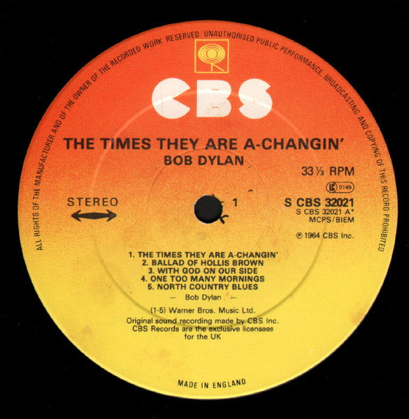 Bob Dylan - The Times They Are A-Changin' - Vinyl LP, Album, Stereo, Reissue, UK 1982 (USED VG+)