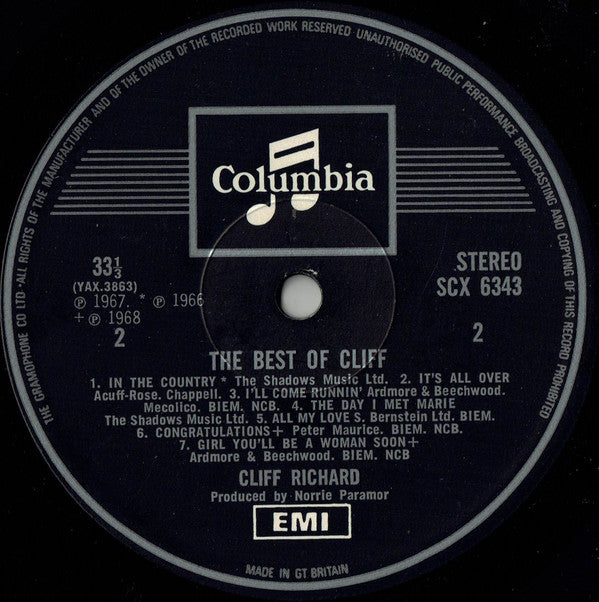 Cliff Richard – The Best Of Cliff - Vinyl LP, Album, Compilation, Reissue, Stereo, UK (USED VG+)
