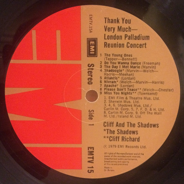 Cliff Richard And The Shadows - Thank You Very Much (Reunion Concert At The London Palladium) - Vinyl LP, Album, Stereo, UK 1979 (USED VG+)