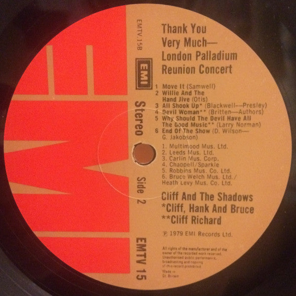 Cliff Richard And The Shadows - Thank You Very Much (Reunion Concert At The London Palladium) - Vinyl LP, Album, Stereo, UK 1979 (USED VG+)
