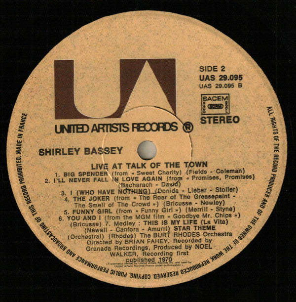 Shirley Bassey – Live At Talk Of The Town - Vinyl LP, Album, Repress, 1971 (USED NM)