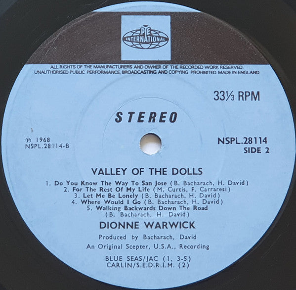 Dionne Warwick - Valley Of The Dolls - Vinyl LP, Album, Stereo, UK 1968 (USED VG+)