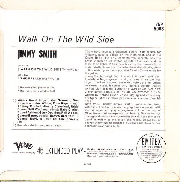 Jimmy Smith - Plays "Walk On The Wild Side" And "The Preacher" - Vinyl 7", EP, UK 1963 (USED VG+)