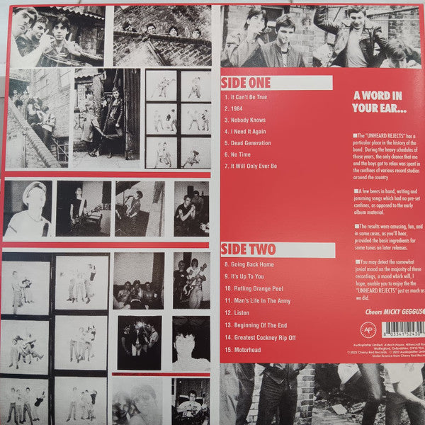 Cockney Rejects - Unheard Rejects - Vinyl LP, Reissue, Clear Vinyl, UK 2022 (NEW SEALED)