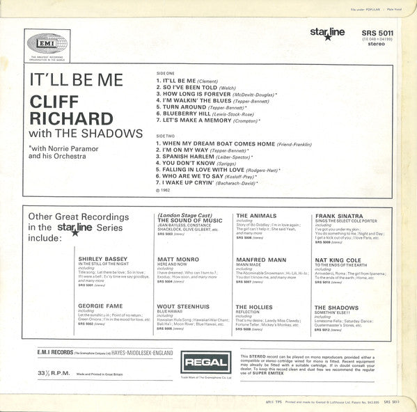 Cliff Richard With The Shadows & Norrie Paramor And His Orchestra – It'll Be Me - Vinyl LP, Album, Reissue, UK 1969 (USED VG)