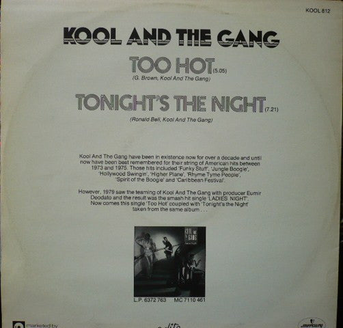Kool And The Gang - Too Hot b/w Tonight's The Night - Vinyl 12", 45 RPM, Stereo, UK 1979 (USED VG+)