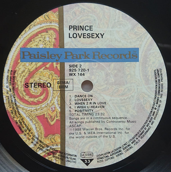 Prince – Lovesexy - Vinyl LP, Album, Stereo, Alsdorf Pressing, Europe 1988 (USED VG)