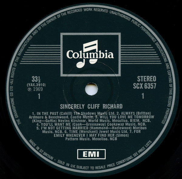 Cliff Richard - Sincerely - Vinyl LP, Album, Stereo, UK 1969 (USED VG)