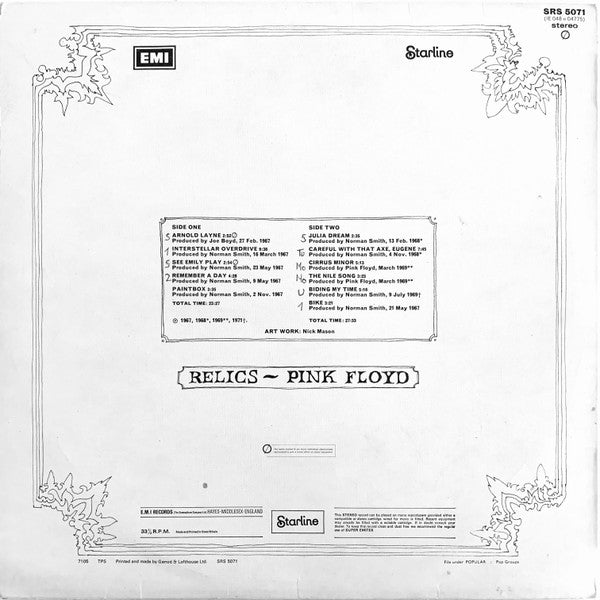 Pink Floyd - Relics - Vinyl LP, Album, Compilation, Stereo, Textured Sleeve, UK 1971 (USED VG)