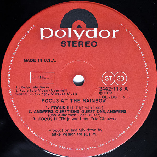 Focus - At The Rainbow - Vinyl LP, Album, Stereo, UK 1973 (USED VG+)