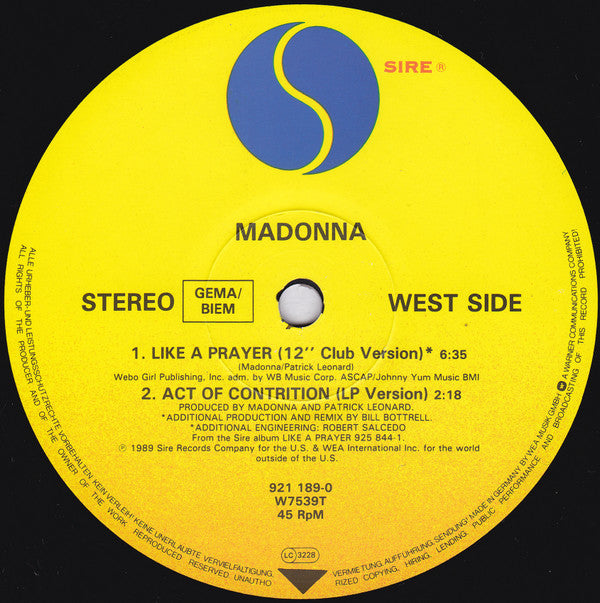 Madonna – Like A Prayer - Vinyl 12", 45 RPM, Single, Stereo, UK 1989 (USED VG)