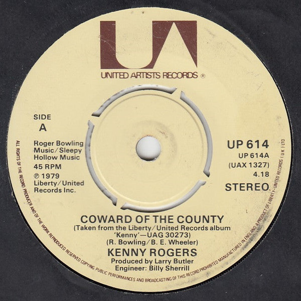 Kenny Rogers - Coward Of The County - Vinyl 7", 45 RPM, Single, Stereo, 4 Prong Pushout, UK 1980 (USED VG+)