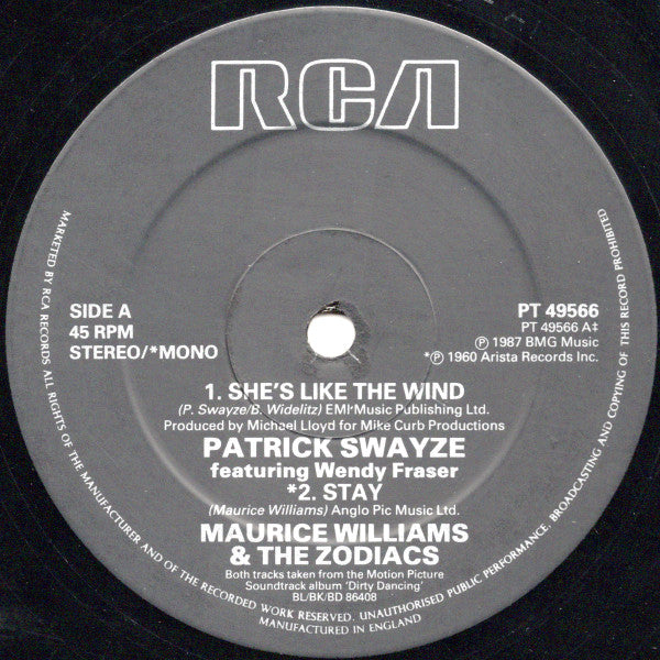 Patrick Swayze featuring Wendy Fraser – She's Like The Wind - Vinyl 12", 45 RPM, Single, Stereo, Mono, 1988 (USED VG)