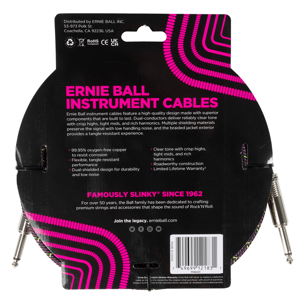 Ernie Ball Braided Instrument Cable Straight/Straight 18ft, Purple Python