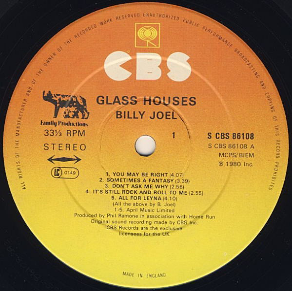 Billy Joel ‎- Glass Houses - Vinyl LP, Album, Stereo, UK 1980 (USED NM)