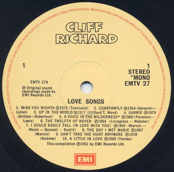 Cliff Richard ‎- Love Songs - Vinyl LP, Compilation, Remastered, Stereo, Mono, UK 1981 (USED VG+)