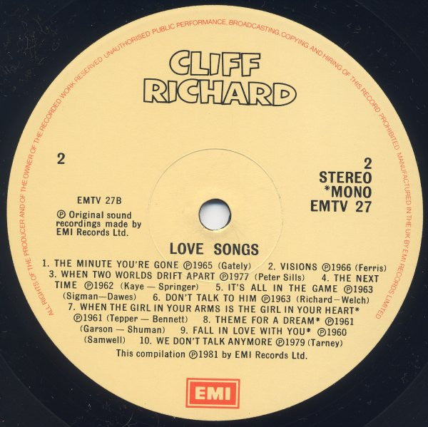 Cliff Richard ‎- Love Songs - Vinyl LP, Compilation, Remastered, Stereo, Mono, UK 1981 (USED VG+)