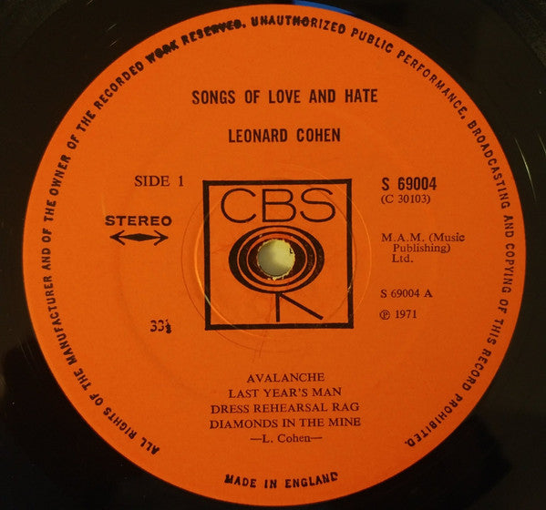 Leonard Cohen - Songs Of Love And Hate - Vinyl LP, Album, Stereo, UK 1971 (USED VG+)