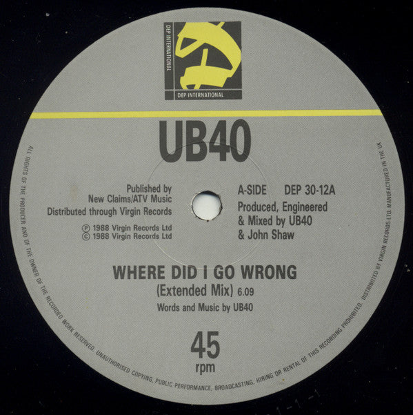 UB40 ‎– Where Did I Go Wrong (Extended Mix) - Vinyl 12", 45 RPM, Single, UK 1988 (USED VG)