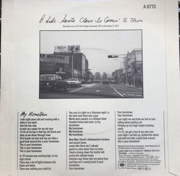 Bruce Springsteen ‎– My Hometown / Santa Claus Is Comin' To Town - Vinyl 7", 45 RPM, Single, Stereo, UK 1985 (USED VG+)