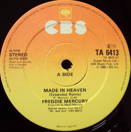 Freddie Mercury ‎– Made In Heaven - Vinyl 12", 45 RPM, Single, Stereo, UK 1985 (USED NM)