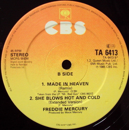 Freddie Mercury ‎– Made In Heaven - Vinyl 12", 45 RPM, Single, Stereo, UK 1985 (USED NM)
