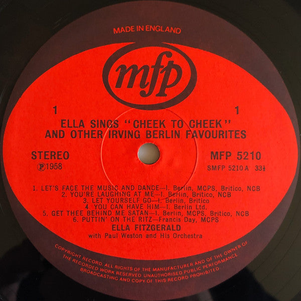 Ella Fitzgerald Sings Irving Berlin ‎– "Cheek To Cheek" And Other Irving Berlin Favourites - Vinyl, LP, Reissue, UK (USED VG)