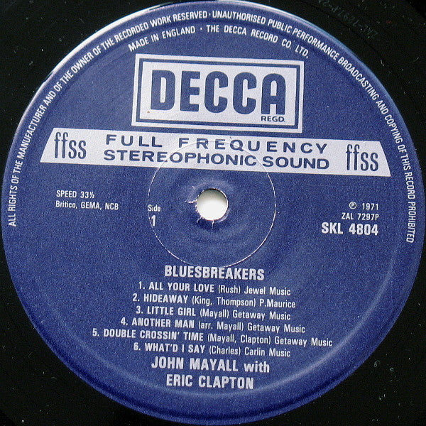 John Mayall With Eric Clapton ‎– Blues Breakers - Vinyl LP, Album, Reissue, Stereo, UK (USED VG)