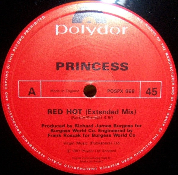 Princess ‎– Red Hot - Vinyl 12", 45 RPM, Single, UK 1987 (USED VG+)
