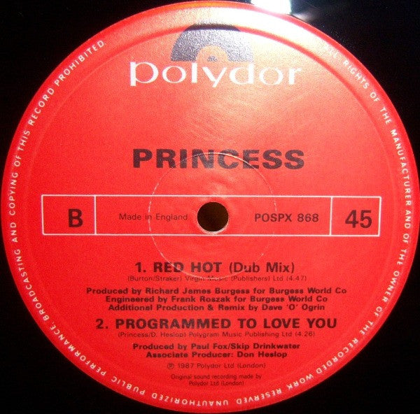 Princess ‎– Red Hot - Vinyl 12", 45 RPM, Single, UK 1987 (USED VG+)