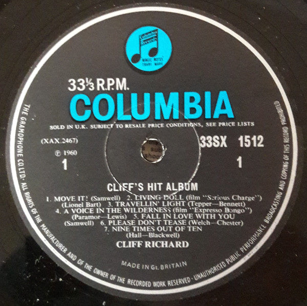 Cliff Richard ‎– Cliff's Hit Album - Vinyl LP, Compilation, Mono (USED VG)