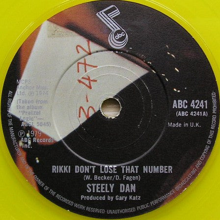 Steely Dan ‎– Rikki Don't Lose That Number - Vinyl 7", Single, 45 RPM, Reissue, Yellow, UK 1979 (USED VG+)