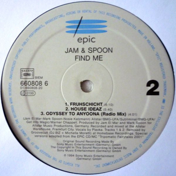 Jam & Spoon Featuring Plavka ‎– Find Me (Odyssey To Anyoona) - Vinyl 12", 33 ⅓ RPM, UK 1994 (USED VG)
