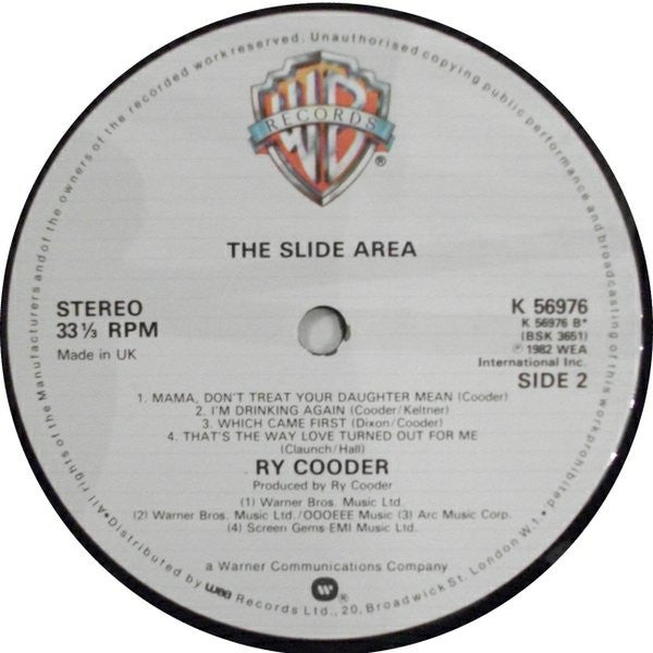 Ry Cooder ‎– The Slide Area - Vinyl LP, Album, UK 1982 (USED VG+)
