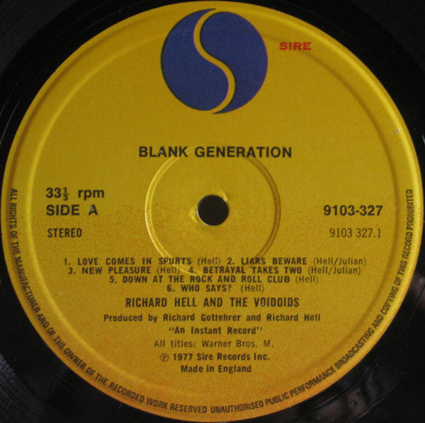 Richard Hell And The Voidoids ‎– Blank Generation - Vinyl LP, Album, UK 1977 (USED VG+)
