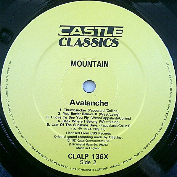 Mountain – Avalanche - Vinyl LP, Album, Reissue, Stereo, UK 1987 (USED NM)