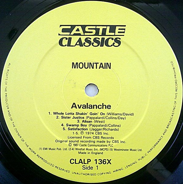 Mountain – Avalanche - Vinyl LP, Album, Reissue, Stereo, UK 1987 (USED NM)