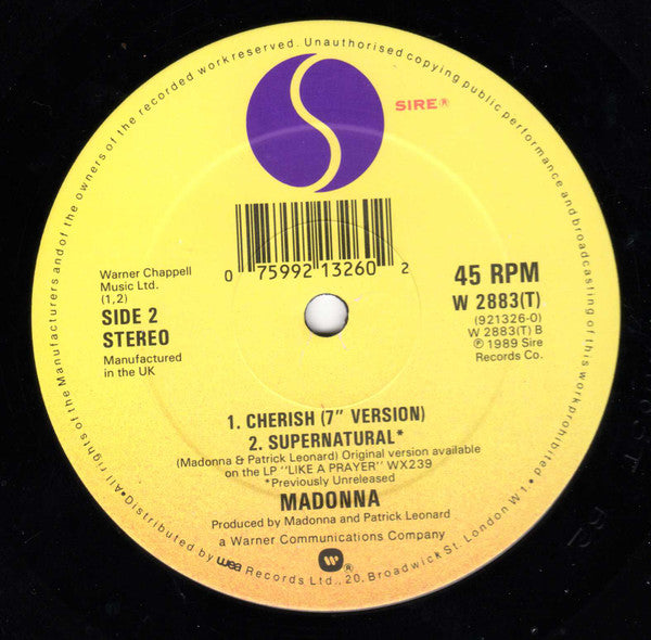 Madonna ‎– Cherish - Vinyl 12", 45 RPM, Stereo, CBS Pressing, UK 1989 (USED VG+)