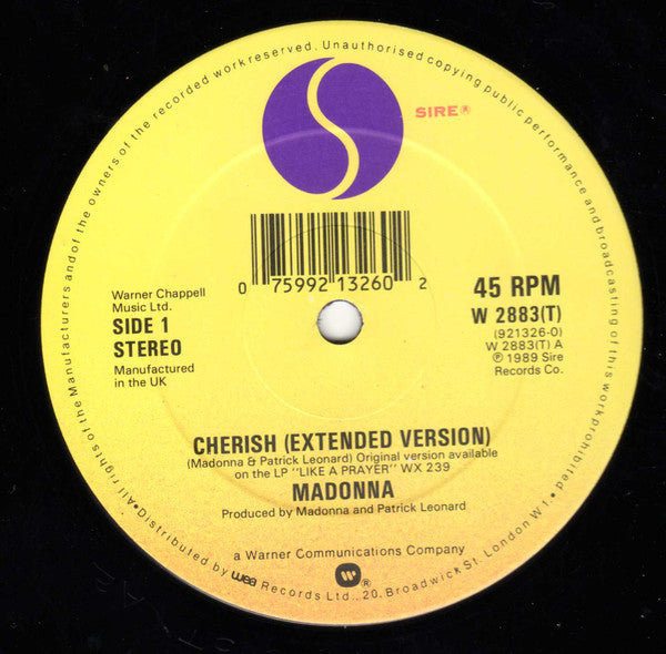 Madonna ‎– Cherish - Vinyl 12", 45 RPM, Stereo, CBS Pressing, UK 1989 (USED VG+)
