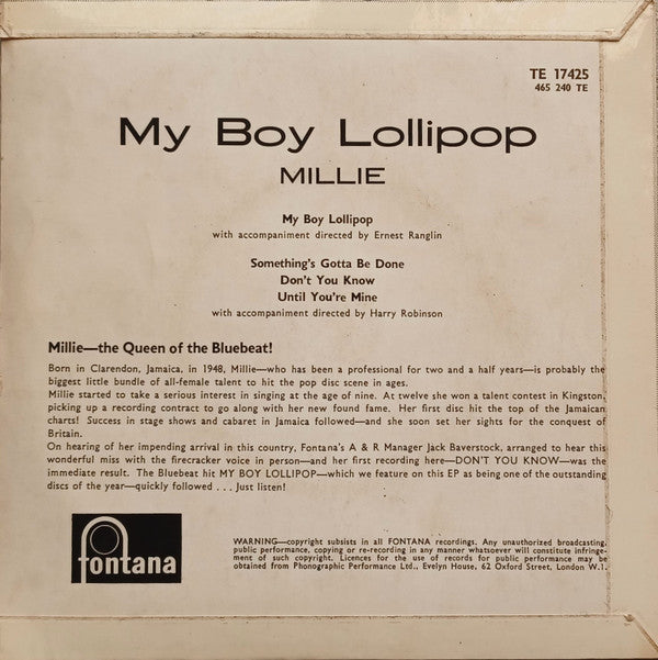 Millie ‎– My Boy Lollipop - Vinyl 7", 45 RPM, EP, Different label lay-out, UK 1964 (USED VG+)