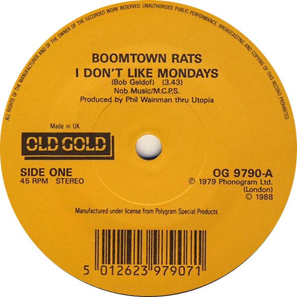 The Boomtown Rats ‎- I Don't Like Mondays / Rat Trap - Vinyl 7", 45 RPM, Pink Sleeve, UK 1988 (USED VG+)
