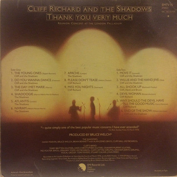 Cliff Richard And The Shadows - Thank You Very Much (Reunion Concert At The London Palladium) - Vinyl LP, Album, Stereo, UK 1979 (USED VG+)