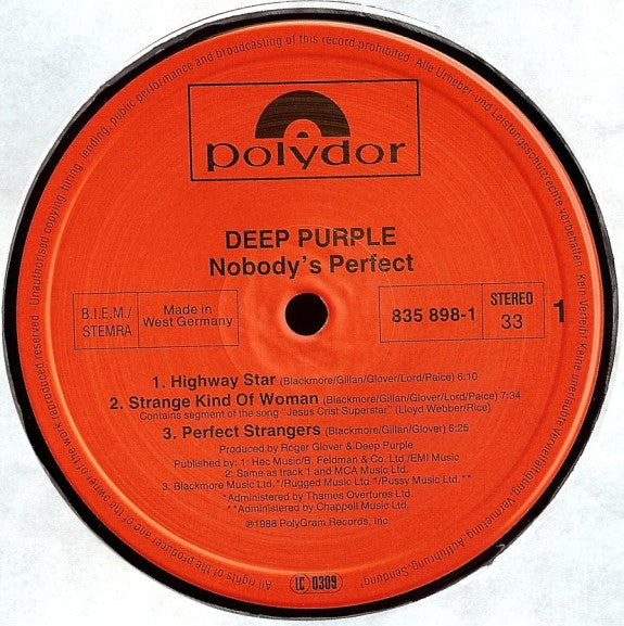 Deep Purple - Nobody's Perfect - 2x Vinyl LP, Album, Stereo, 1988 (USED VG+)