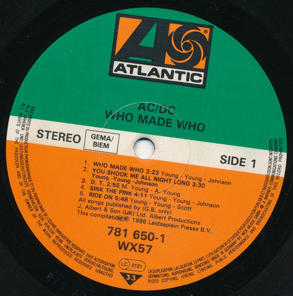 AC/DC ‎– Who Made Who - Vinyl LP, Album, Compilation, Reissue, Stereo (USED NM)