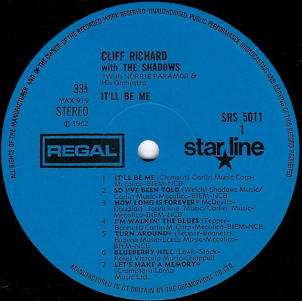 Cliff Richard With The Shadows & Norrie Paramor And His Orchestra ‎– It'll Be Me - Vinyl LP, Album, Reissue, UK 1969 (USED VG)